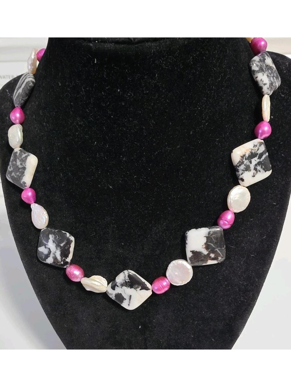 Mother of pearl Jasper  and pearl necklace 20 inch Artisan Choker Statement
